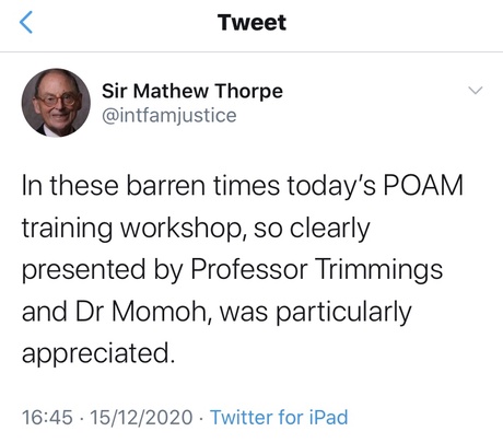 Tweet by Sir Mathew Thorpe about the POAM workshop