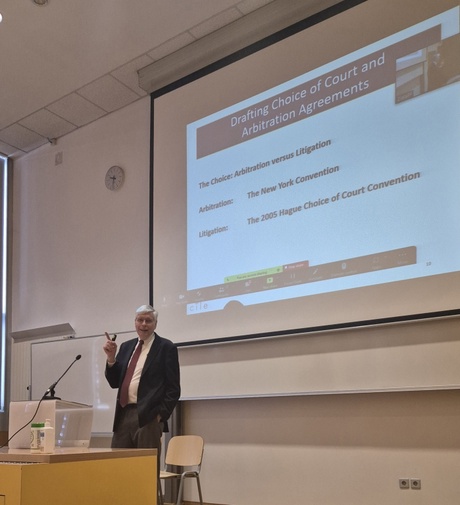 Picture of Professor Ronald A. Brand, Chancellor Mark A. Nordenberg University Professor, and Director of the Center for International Legal Education at the University of Pittsburgh presenting at the PAX Moot PIL conference