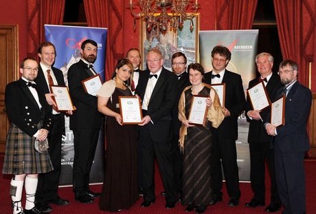 Some of the University of Aberdeen winners with Lord Provost Peter Stephen (centre) and Andrew Pratt, Business Tourism Executive (Ambassador Programme) at Aberdeen Convention Bureau (far left)