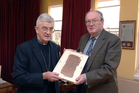 Right Reverend Peter A Moran, Bishop of Aberdeen and Professor Sir Duncan Rice, Principal and Vice Chancellor of the University of Aberdeen, with the facsimile