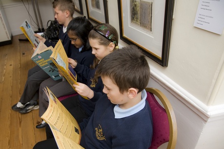 Pupils from St Peter's Primary School look at the Word line-up