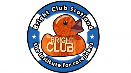 Bright club logo featuring a duck and the words 'Bright Club Scotland, the institute for rare jokes'