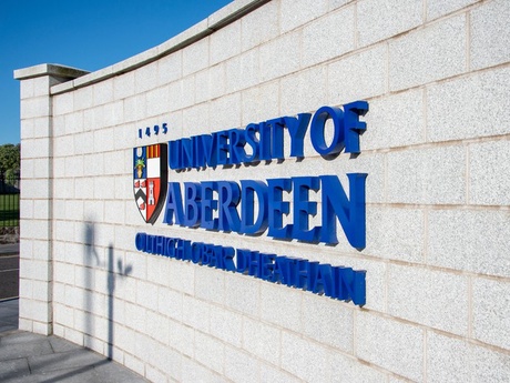 Exterior of University of Aberdeen with logo