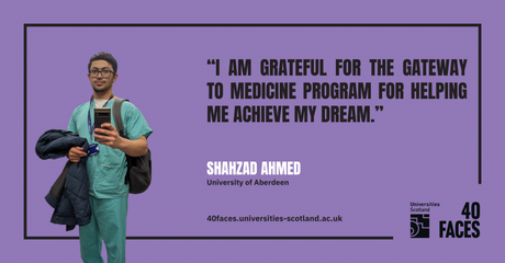 Cut out of Shahzad in scrubs with a quote that reads: "I am grateful for the Gateway to Medicine program for helping me achieve my dream".