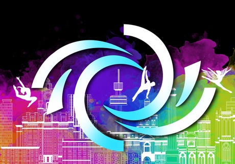 A dynamic multi-coloured cityscape with four gymnasts in different action poses