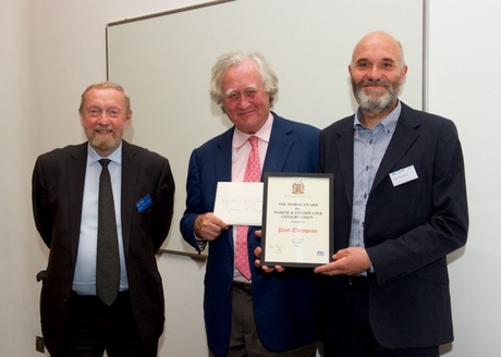 Pictured (left-right) is ZSL President Sir John Beddington FRS, Brian Marsh (sponsor of the award) and Professor Paul Thompson