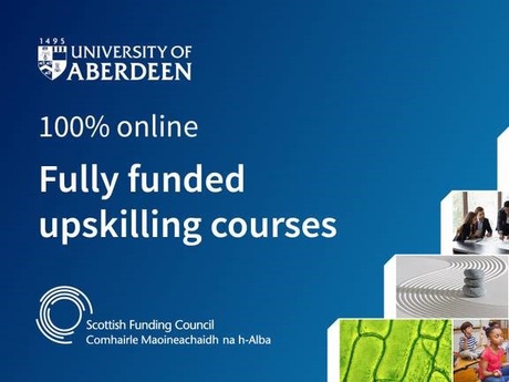 A blue graphic with the words 100% online fully funded upskilling courses and the Scottish Funding Council logo