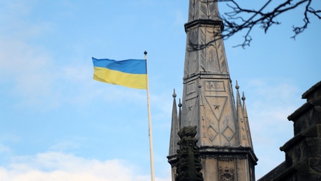 The Ukraine flag flying over the University of Aberdeen's King's College campus