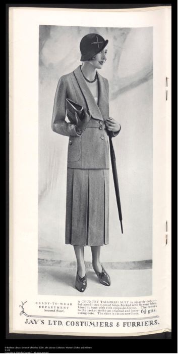 A COUNTRY TAILORED SUIT. Illustrated by Jay’s LTD. Costumiers & Furriers, in The Latest Note on Paris Fashions by Jay’s LTD (London: Jay’s LTD, circa 1930).
