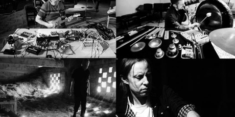 Greyscale montage of the band members and their instruments.