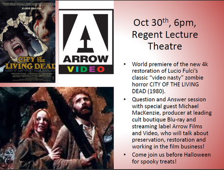 Poster for the screening, showing the Arrow films logo, the film's poster, a still from the film, and details of the event