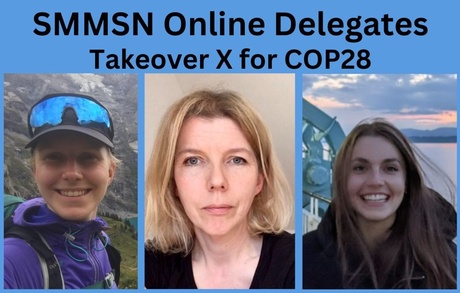 The image has the heading "SMMSN Online Delegated Takeover X for COP28", plus pictures of the three delegates.