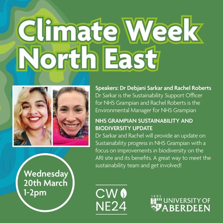 Climate Week North East poster with picture of Dr Debjani and Rachel