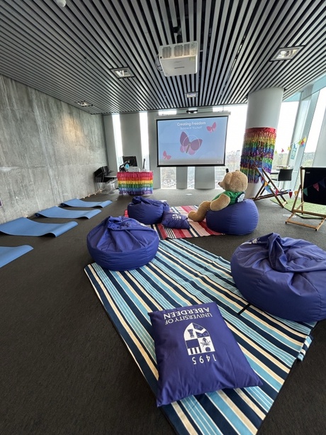 Chill out zone decorated with beanbags and deckchairs