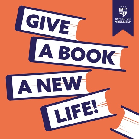 An orange background with graphics of books in the background with text on top reading 'Give a Book a New Life!'