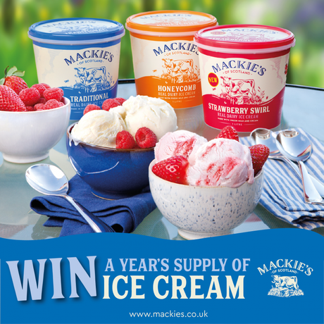 Mackie's ice cream tubs with words "Win a year's supply of ice cream"