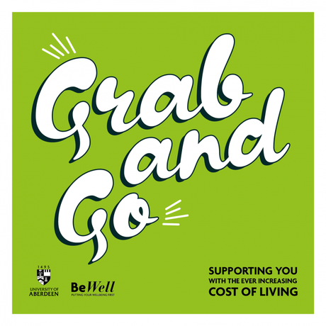 Grab and go - supporting you with the ever increasing cost of living. Green background and white text