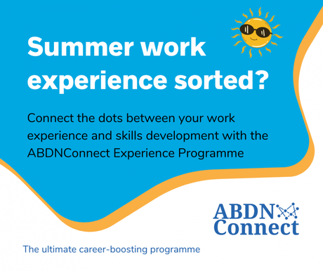 Blue backgground with the headline 'Summer work experience sorted' on the top next to a graphic of a sun with sunglasses