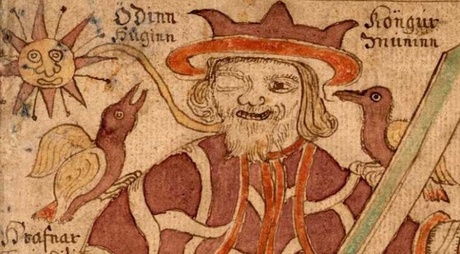 Odin with his ravens Huginn and Muninn. From manuscript SÁM 66. Wikimedia Commons