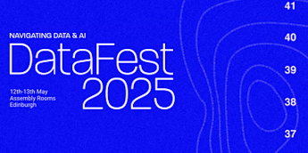 Blue background, white writing