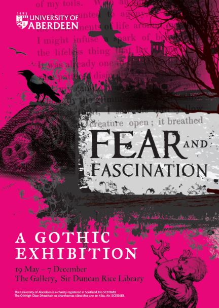 A poster promoting the exhibition. It is pink in colour with black gothic depictions such as crows and an old house.