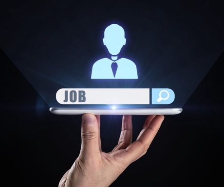 Job search bar with phone and person graphic