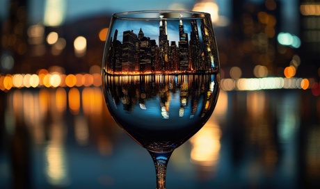 New York skyline at dusk is reflected in a wine glass.