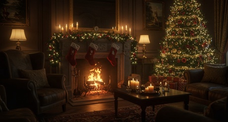 A roaring fire is burning in an a dark and gloomy living room. The furniture is old fashioned and there is a Christmas tree lit up next to the fire.
