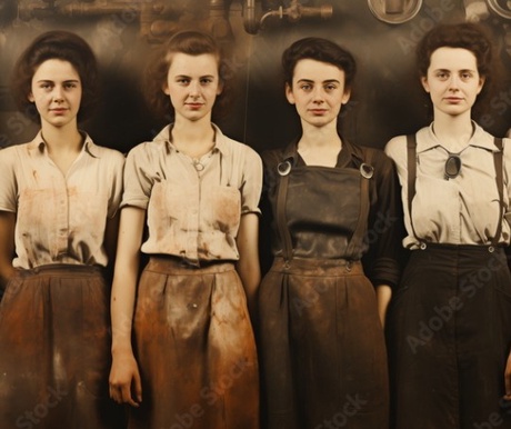 Four women in shirts and trousers, working in a factory