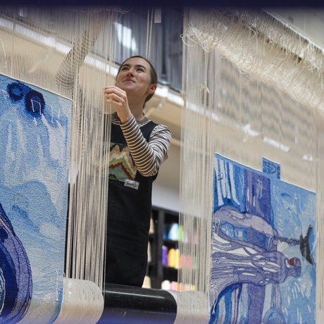 The Sibyls Tapestry by Sekai Machache, shown here with staff at Dovecot Studios