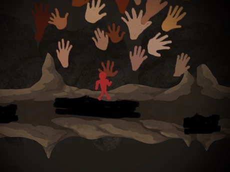 Graphics of hand prints and a red human shape walking across rocks