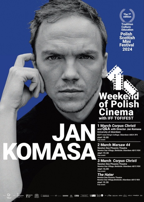 Black and white portrait of man on blue background