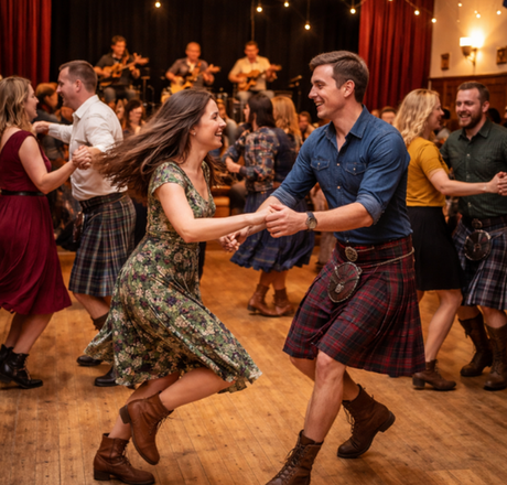 Couples dancing with band on stage in background