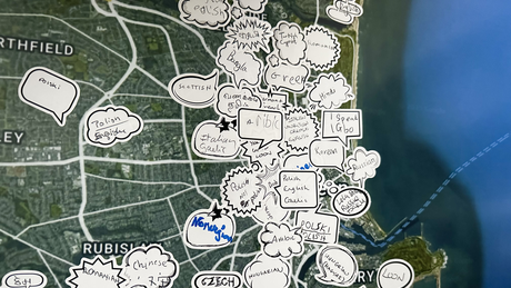 Map of Aberdeen with post its of languages spoken