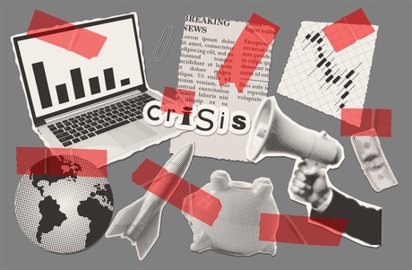 Different icons representing some of the crises we face today, technology, media, finance, war, poverty