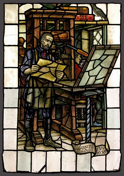 Stained glass representing the arrival of the printing press in Aberdeen