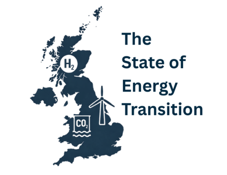 Map of UK featuring energy symbols for hydrogen, carbon capture and wind with the event title: The State of Energy Transition