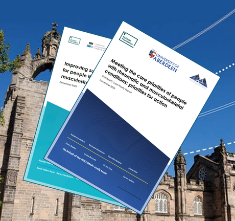 Picture of our first two reports backed by an image of the King's College tower.