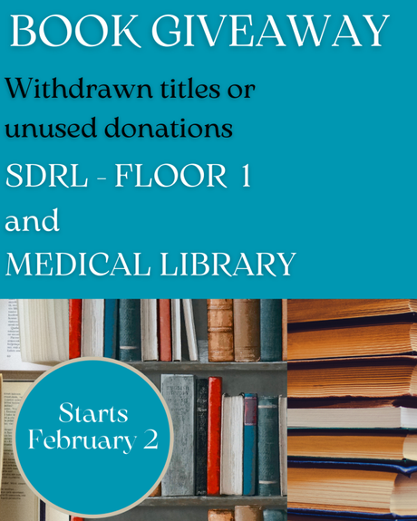 image displaying info about a book giveaway in sir duncan rice library and medical library starting february second