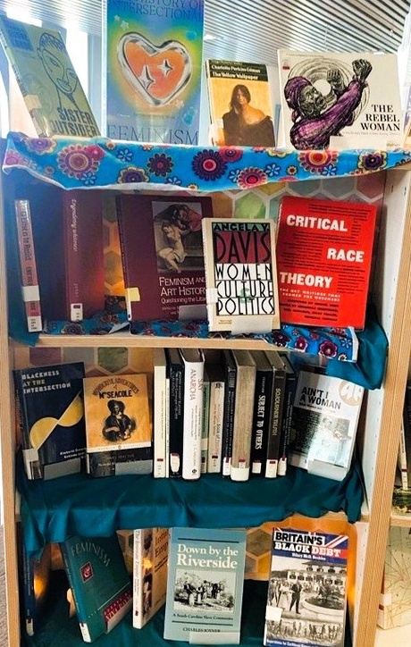 A photo of a book display on the history of Intersectional Feminism, created by Ruby Munro. The display can be found on Floor 2 of the Sir Duncan Rice Library