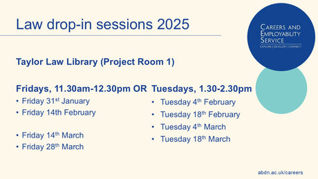 Poster with dates and times for the law drop-in sessions