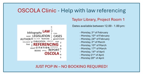 Image shows a tag cloud for referencing and dates and times available for OSCOLA Clinic
