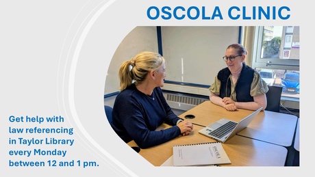 The image shows two people in Project Room 1 in Taylor Library who are participating at the OSCOLA Clinic