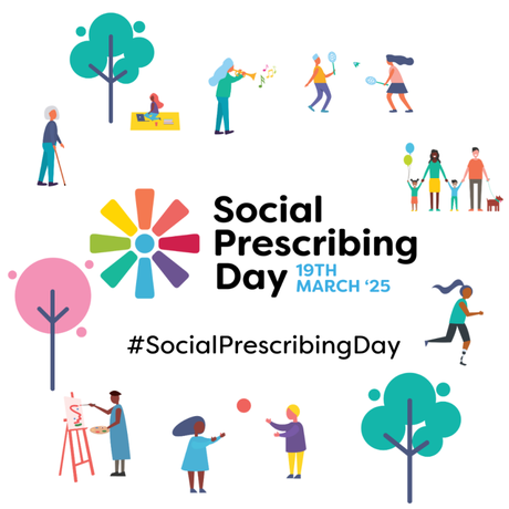 A graphic with the logo for Social Prescribing Day 2025. The image shows cartoon people doing outdoor activities.