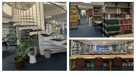 Image shows different areas of Taylor Library with shelves and tables and a staircase