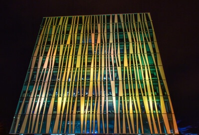 external night time image of sir duncan rice library