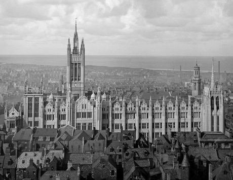 VIEW OF MARISCHAL COLLEGE LOOKING TOWARDS THE SEA IN THE DISTANCE SHOWING HOUSING ON GUESTROW IN FOREGROUND
