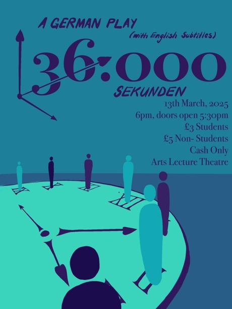 Blue poster for the play, showing an abstract image of seven people standing around the outer rim of a clock face, with the details of the performace above.