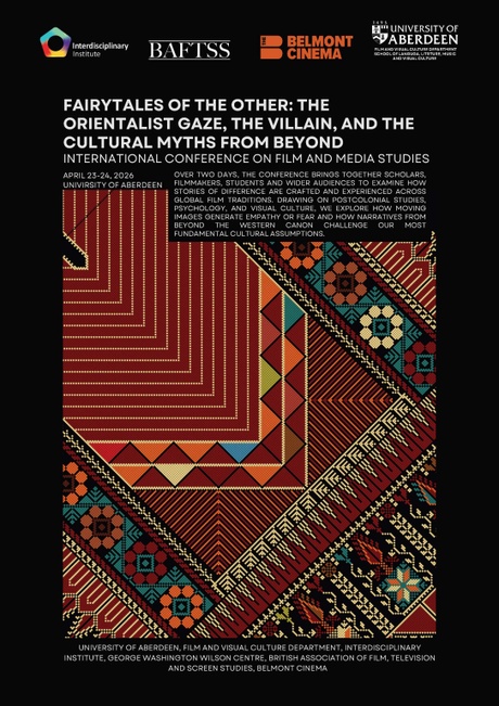 Poster for the conference, an intricate design on a black background, with the details and dates of the conference at the top in white writing.