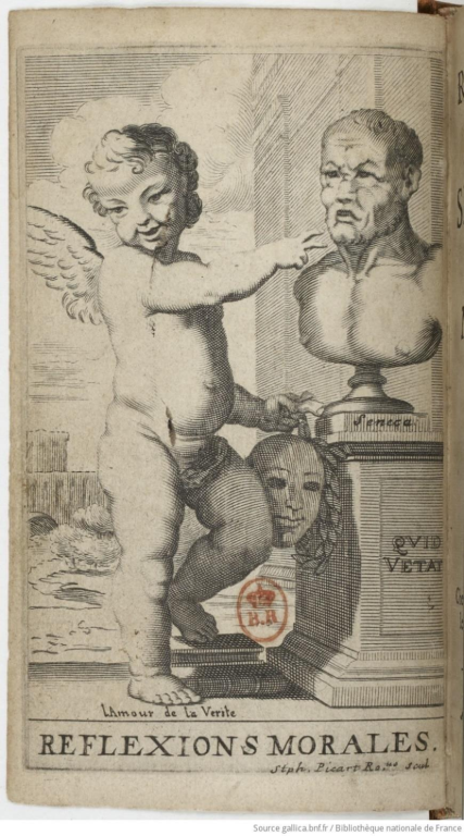 An illustration from a book, depicting a cherub pointing at a bust and holding a mask.